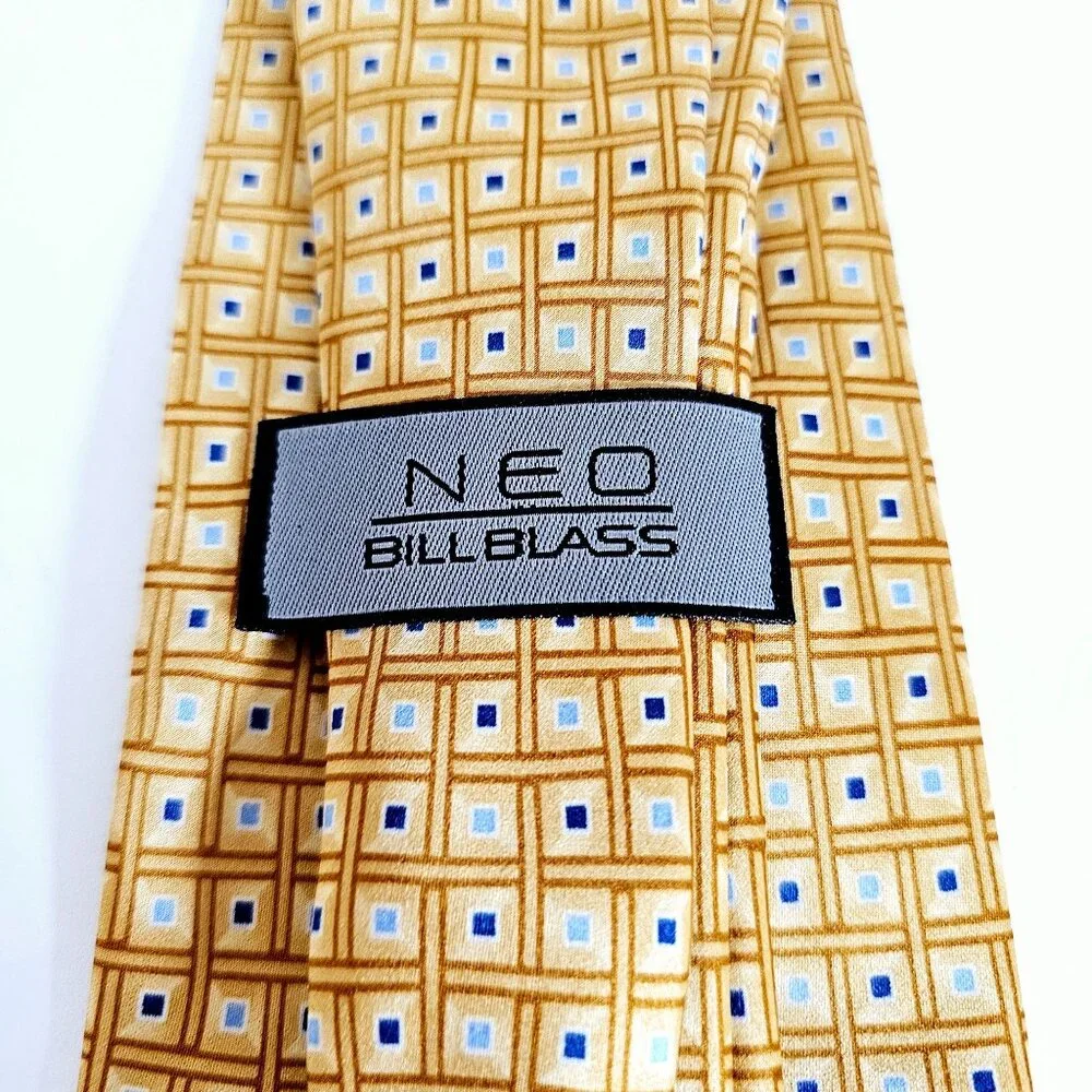 Vintage Neo Bill Blass Silk Necktie‎ Gold Blue Geometric Square Pattern Classic